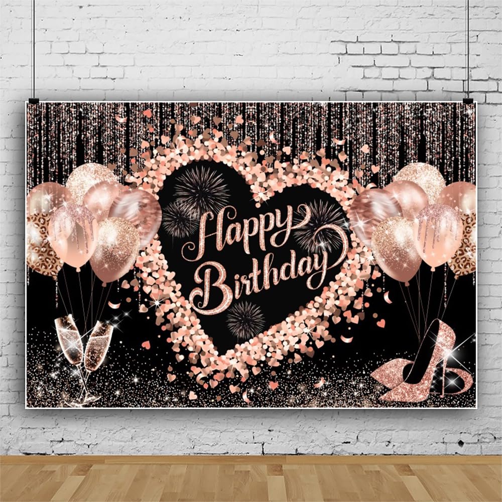 ChloropLastid 10x8ft Rose Gold Happy Birthday Backdrop Glitter Bokeh Dots Golden Sparkle Balloons Photography Background Champagne Heels Girls Women