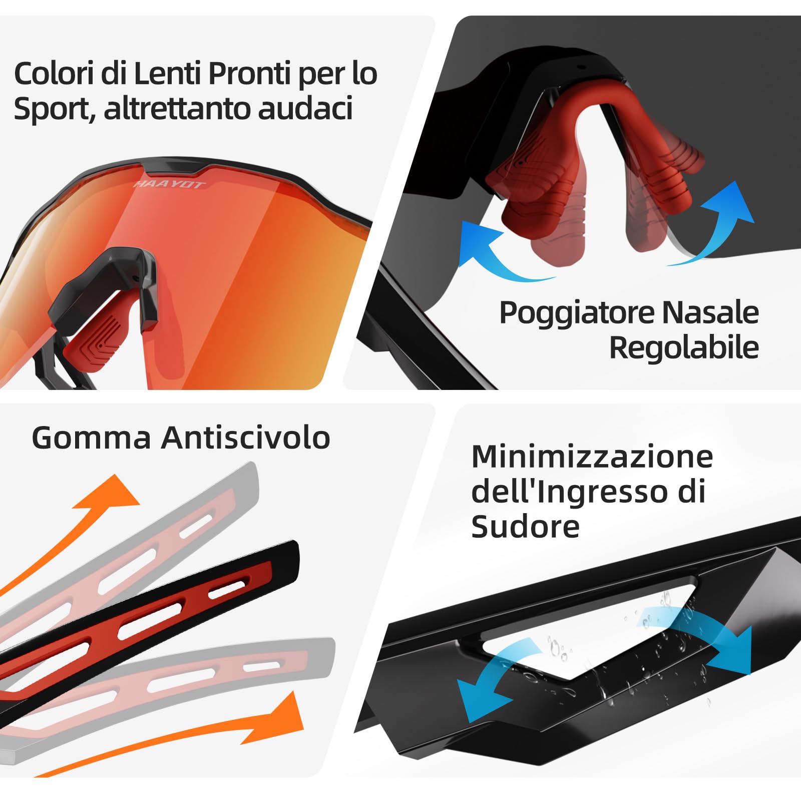 HAAYOT Occhiali da sole sportivi rapidi polarizzati occhiali da ciclismo da uomo e da donna, 5 lenti intercambiabili, protezione UV al 99%, occhiali leggeri TR90 per ciclismo, colore nero e rosso