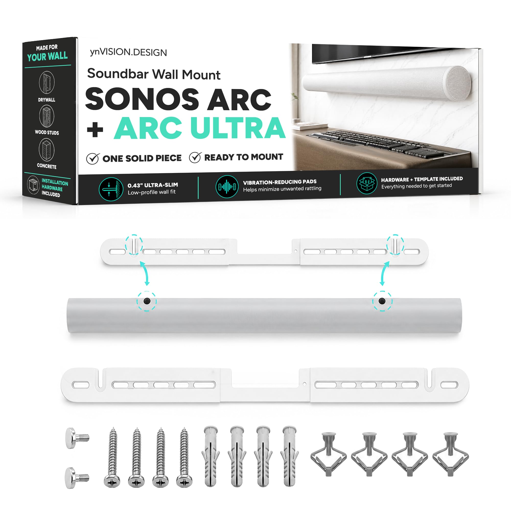 ynVISION.DESIGN Soundbar Wall Mount for Sonos Arc and Arc Ultra, White | Custom for Sonos Arc and Arc Ultra, Pro 1 Solid Piece for simple install, EQ Optimization, template and hardware included