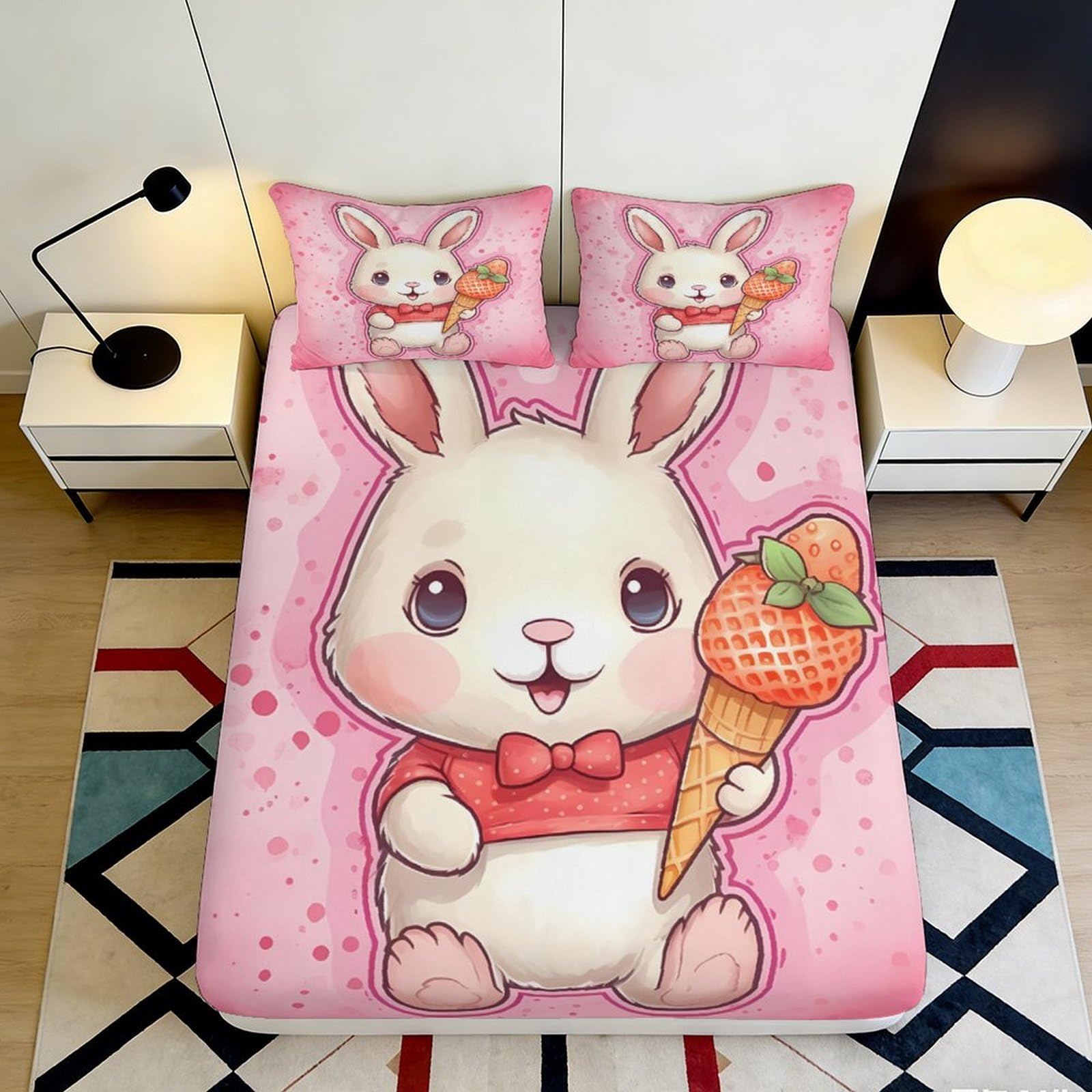 Jqzkxnhpbr Style-10 3D Printed Cute Bunny Fitted Sheet Microfiber Pink Ice Cream Bed Cover For Bedroom Guest Room Dorm Mattress Decor 90X200x25cm