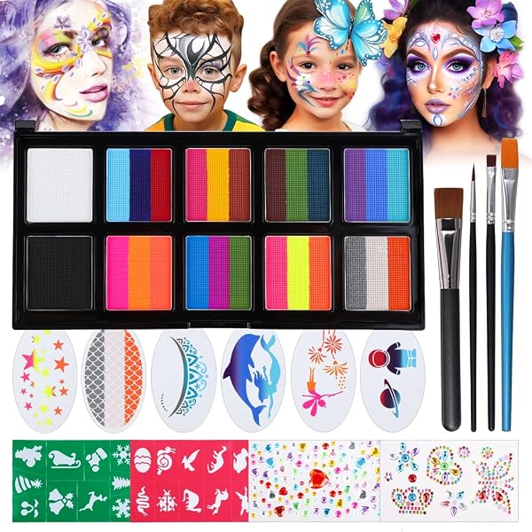 Kit de pintura facial Janolia con 26 colores vibrantes, pinceles y plantillas, ideal para fiestas y Halloween.
