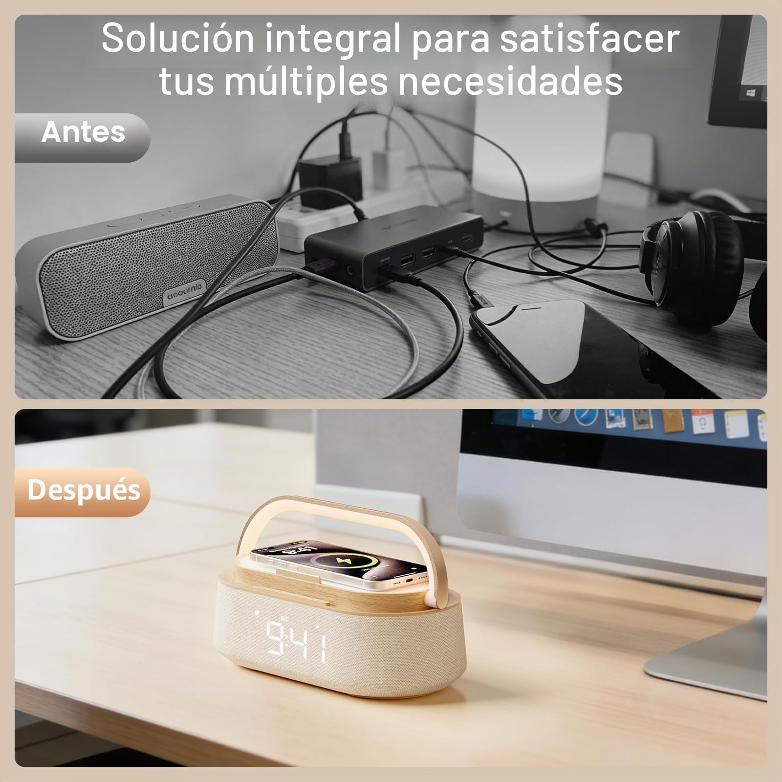 COLSUR Radio Despertador Digital con Carga Inalambrica, FM Radio con Puerto de carca USB, Pantalla LED Ajustable, Luz Nocturna, Bluetooth, Alarma de Temporizador de Apagado y Soporte para Teléfono
