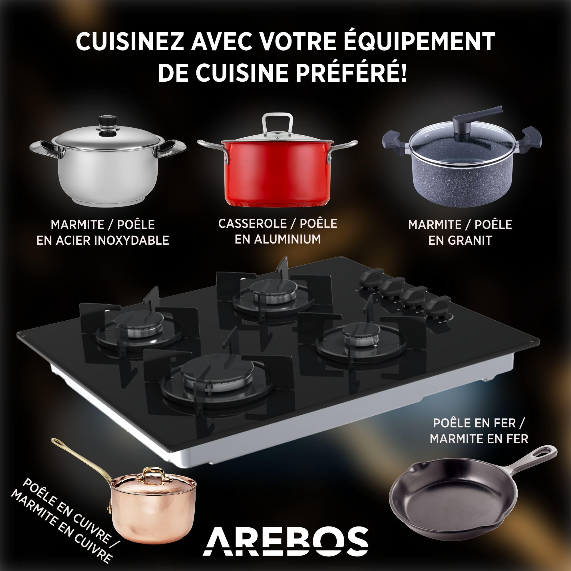 Arebos plaque de cuisson à gaz 60 cm 4 brûleurs | Verre trempé | Encastrable avec supports en fonte | Compatible gaz naturel et propane | Sécurité d’allumage intégrée