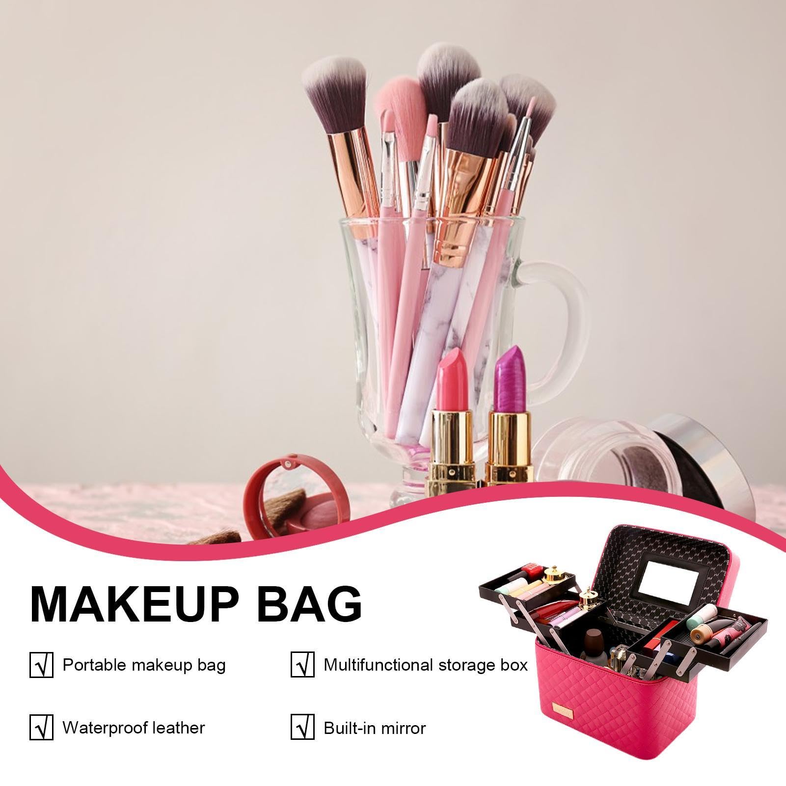 Travel Cosmetic Train Case - Built-In Mirror, Impermeabile PU Makeup Bag