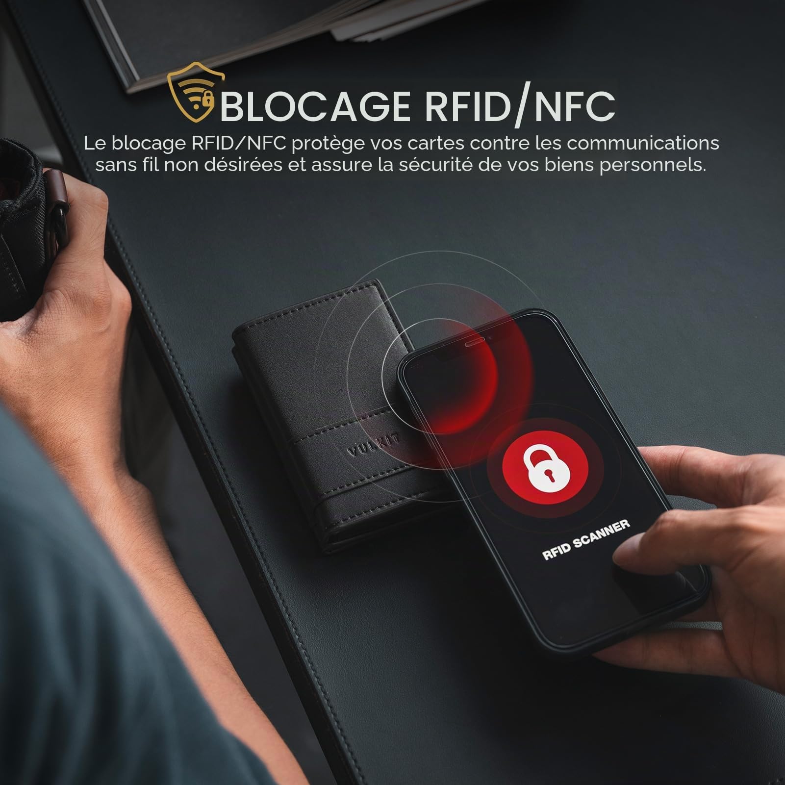 VULKIT Porte-Cartes Portefeuille en Cuir à Deux Volets pour Homme avec Blocage RFID, étui en métal pour Cartes, Peut Contenir 9 Cartes et Billets, Poche zippée pour Pièces de Monnaie (Noir)