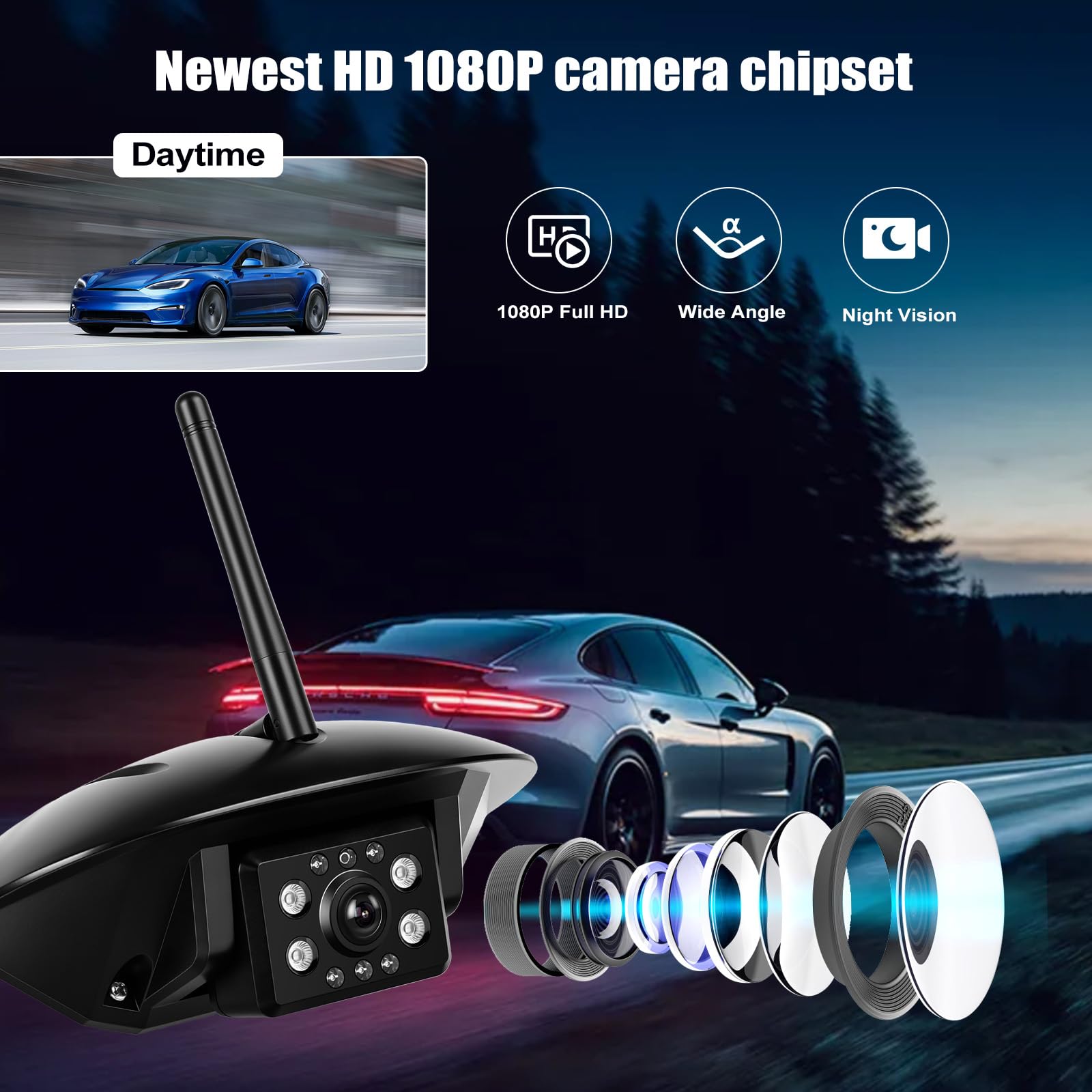 CAMECHO Kamera cofania okablowana, IP69, wodoszczelna kamera noktowizyjna, szerokokątna kamera z ekranem o przekątnej 5 cali, do wszystkich modeli, chip 12 V, kamera cofania o wysokiej wydajności z