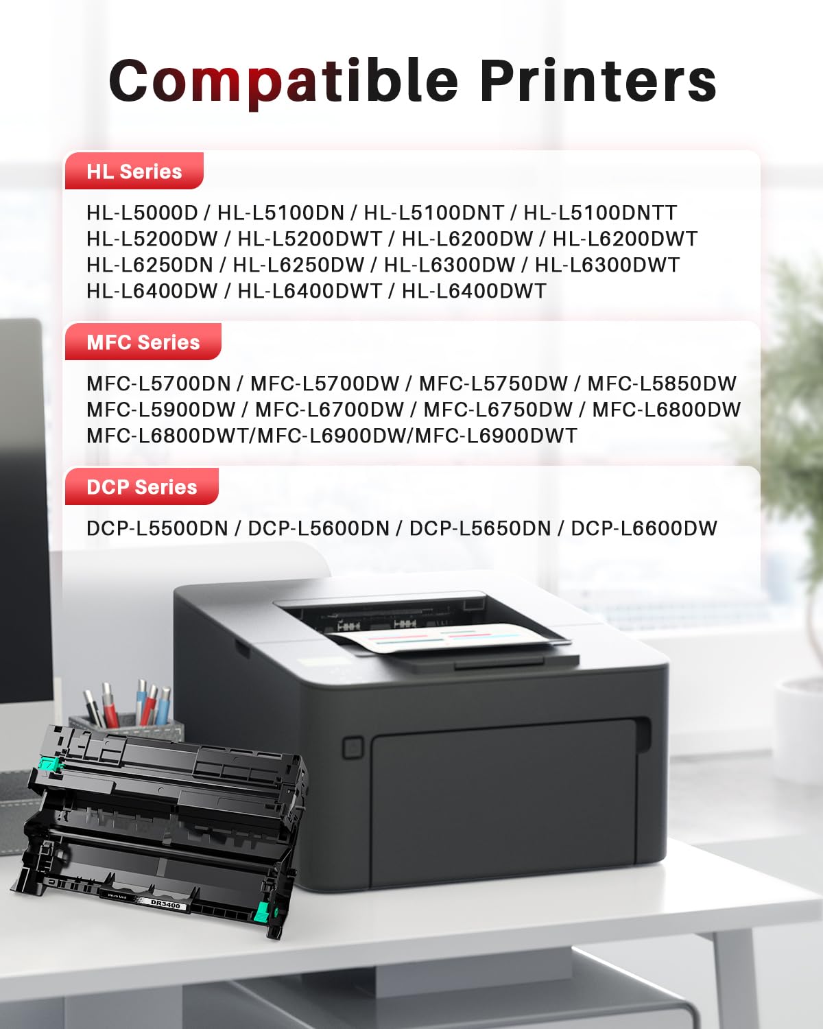 DR3400 DR-3400 Tamburo compatibile Compatibile con Brother HL-L5000D L5100DNT L5200 L6250DN L6300DWT L6400DWT DCP-L5500DN L6600DW MFC-L5700DNLT L5700DW L5750DW L6800DWT L6900DWT(2 Pack)