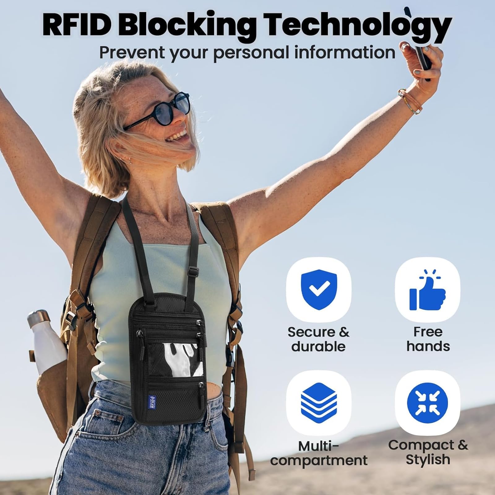 Tous Podróż na szyję, wiele przegródek na szyję, paszport z regulowanym paskiem na szyję i ochroną RFID, na paszport, karty kredytowe monety