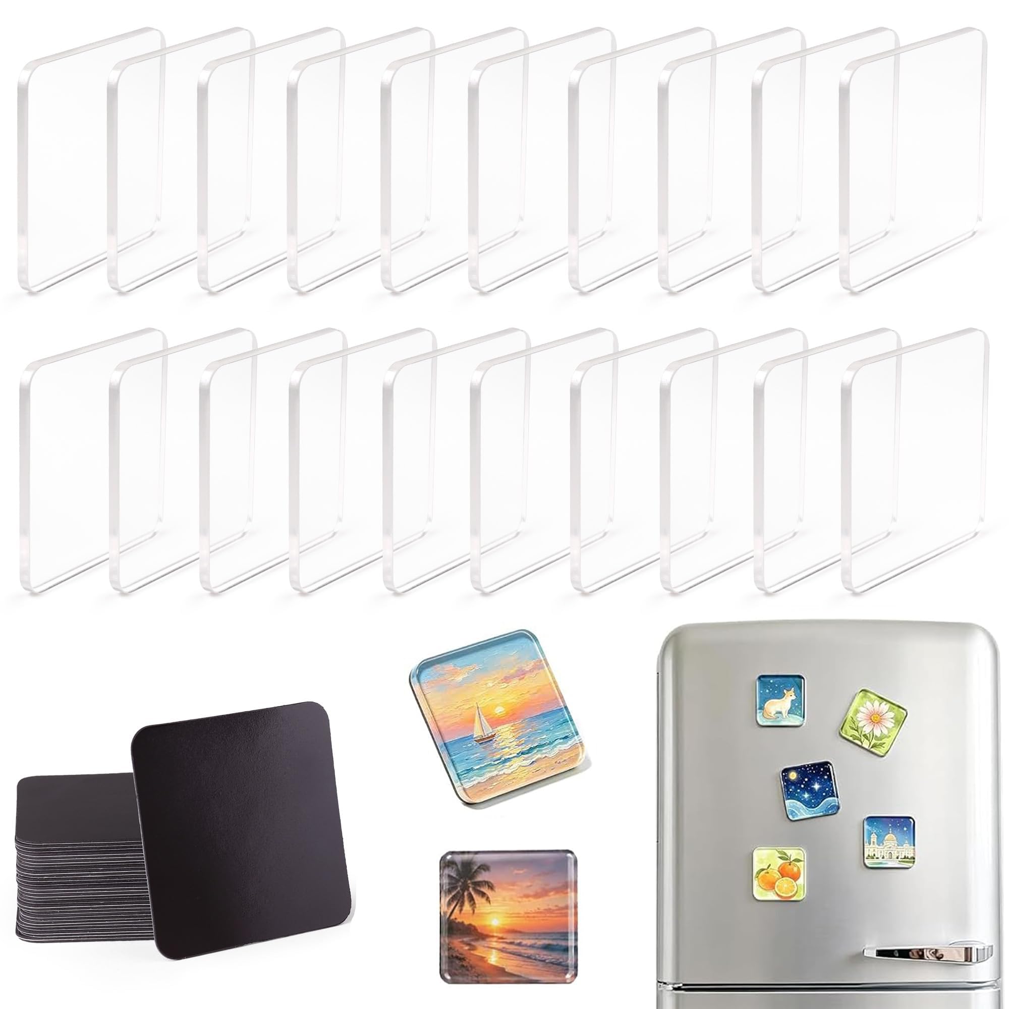 20 PCS DIY Acrylic Fridge Magnet Kit – 2x2 Inch Clear Refrigerator Magnets