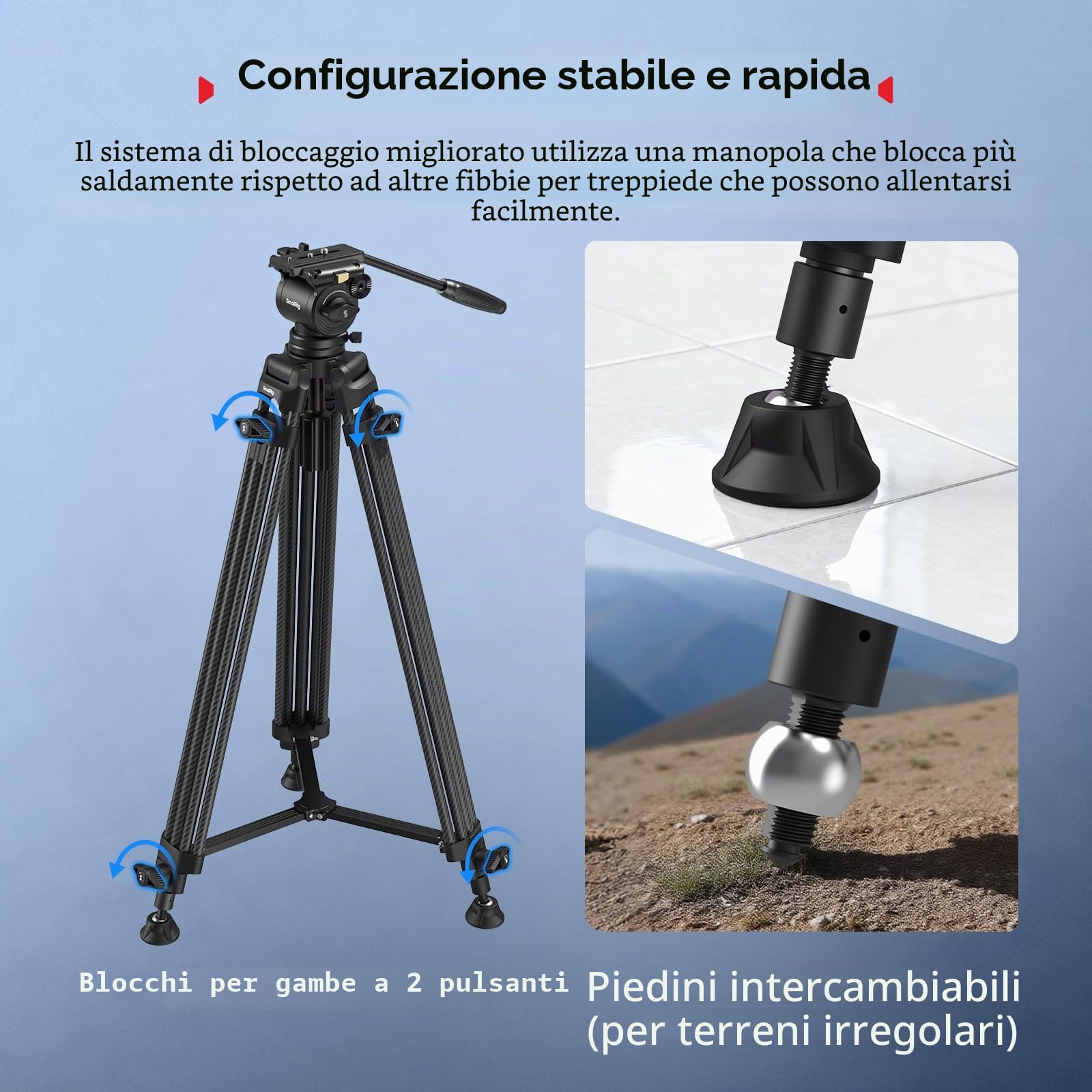 SMALLRIG Treppiede video in lega di alluminio per impieghi gravosi da 73''/186 cm, carico massimo 8 kg, testa fluida con inclinazione da +85° a -78°, peso del treppiede da viaggio compatto 3,1 kg-5441