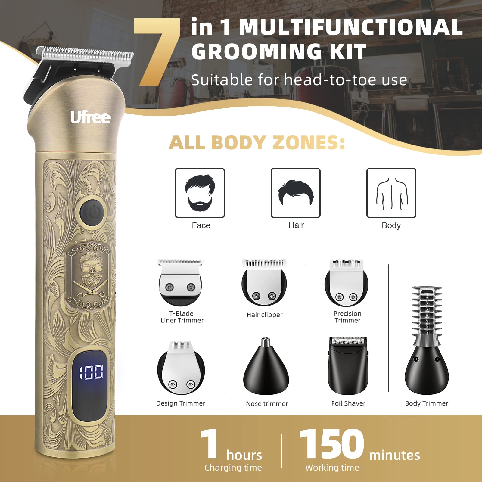 Ufree Recortadora de barba para hombres, afeitadora eléctrica, kit de afeitado inalámbrico para bigote, cuerpo, nariz, oreja, vello facial, kit de aseo de barba ajustable, regalos de cumpleaños para