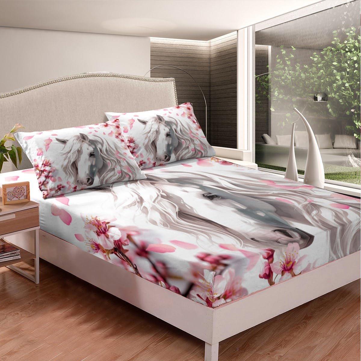 Western Cowboy Style Animals Fitted Sheet,Full Size Pink Blooming Flowers Collections,White Horses Bedding Deep Pocket for Children Teens Young with 2 Pillowcases(No Flat Sheet)
