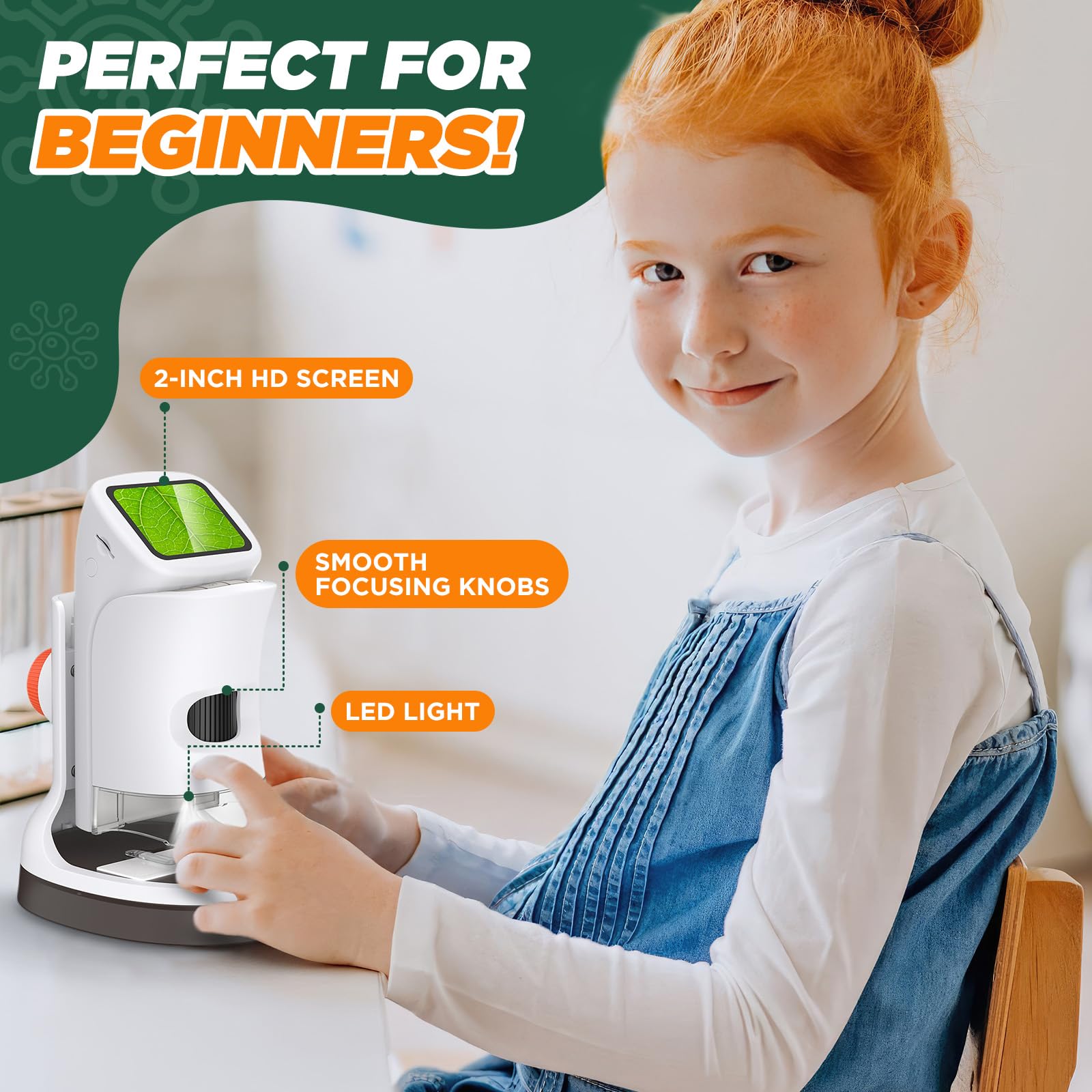 Microscopio para niños con pantalla HD de 2 pulgadas, aumento de 100 a 1000 aumentos, 1080p, captura de fotos y vídeos, 6 luces LED, tarjeta TF de 32 GB, USB-C, microscopio portátil para niños a