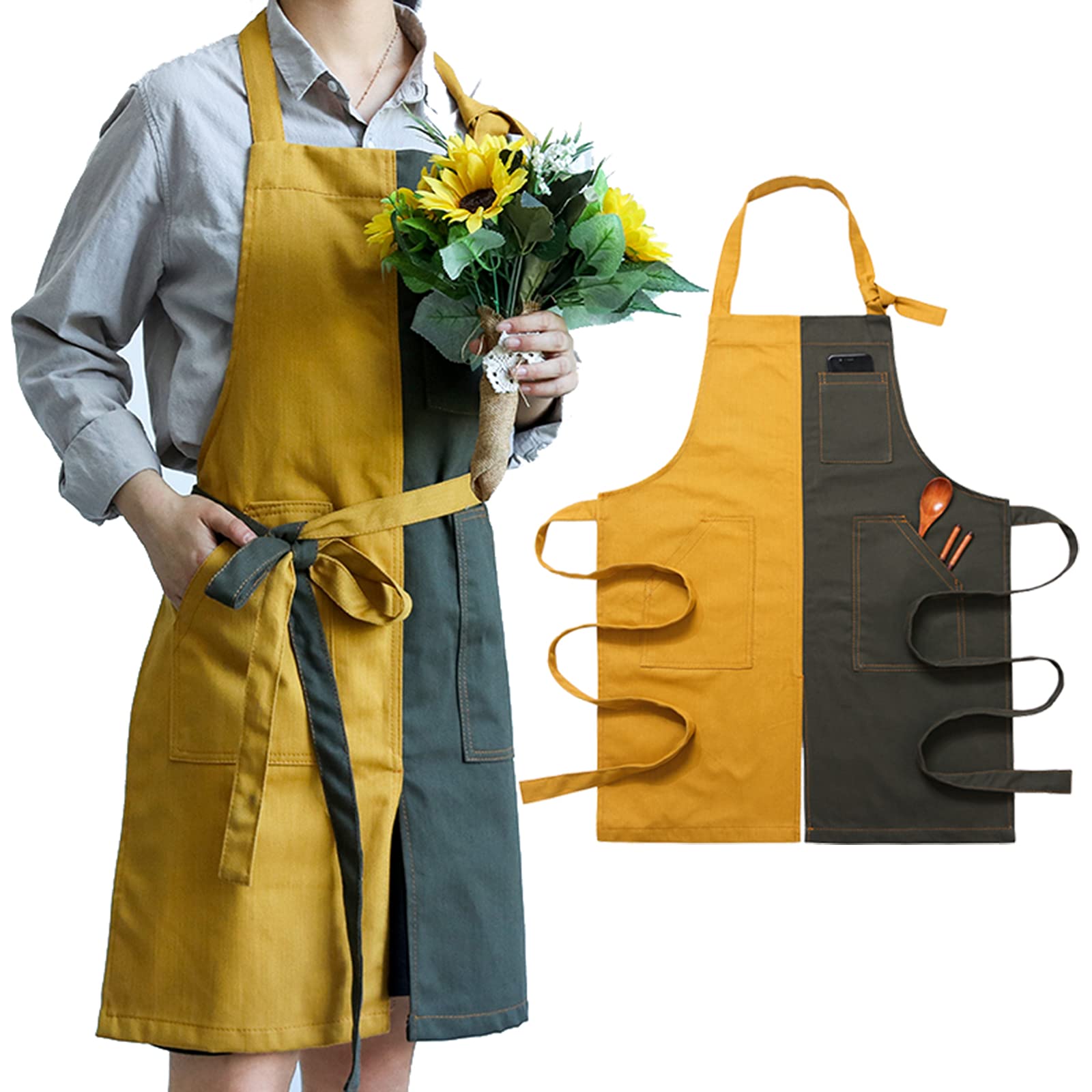 FMSBSC Kitchen Cooking Aprons, Adjustable Bib Chef Apron with Pockets for Men Women