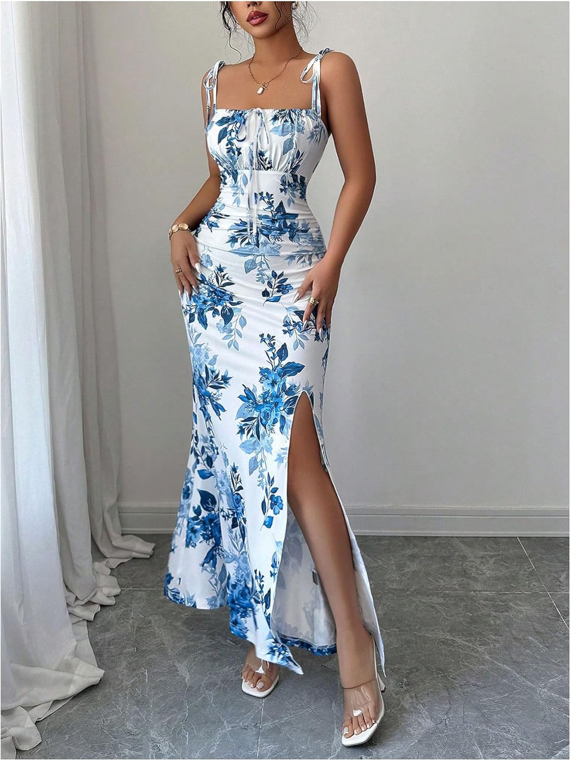 Floerns Women's Summer Floral Cami Maxi Dress Tie Shoulder Vacation Split Milkmaid Bodycon Dresses - Image 4