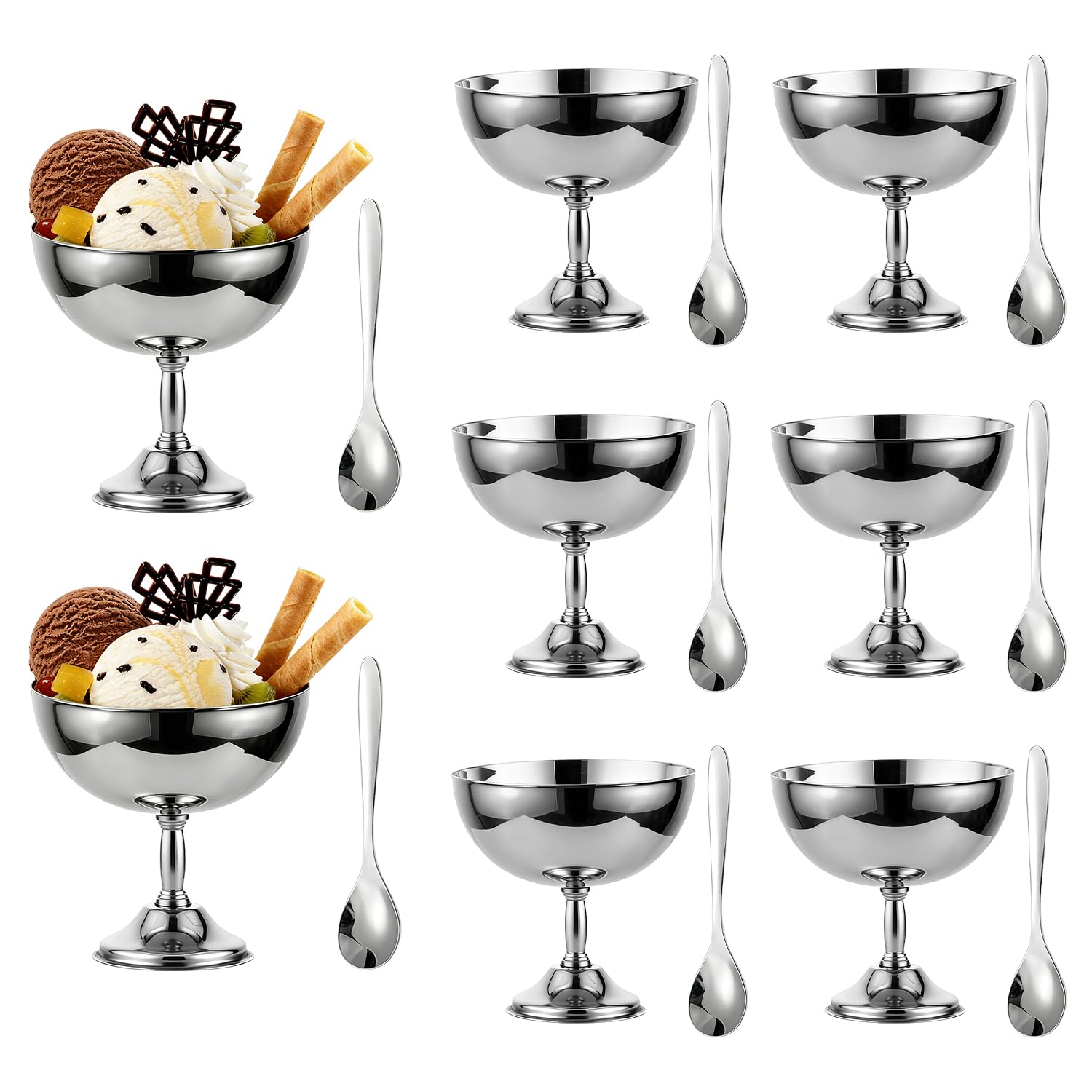 Tissting 8 ciotole per gelato, 270 ml, in acciaio inox, riutilizzabili, con base argentata, con cucchiaio o forchetta, per dessert, yogurt congelato, gelato, decorazioni per feste di compleanno
