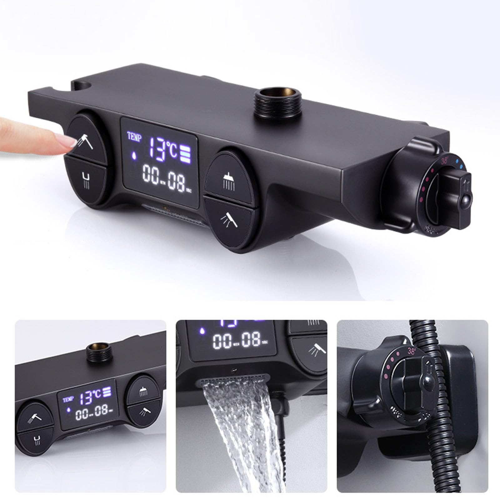 Sistema Doccia Nero con Display Digitale, Set Rubinetto termostatico per Bagno a 4 Vie con beccuccio per Vasca, soffione a Pioggia da 10", doccetta e doccetta per Bidet