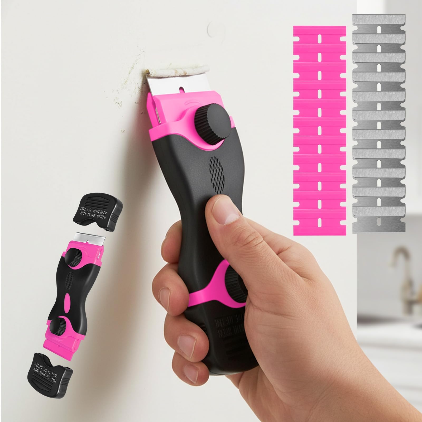 1 Pack Razor Blade Scraper Tool with Extra 20Pcs Blades, Cleaning Scraper Tool for Window, Paint, Cooktop, Oven, Pink