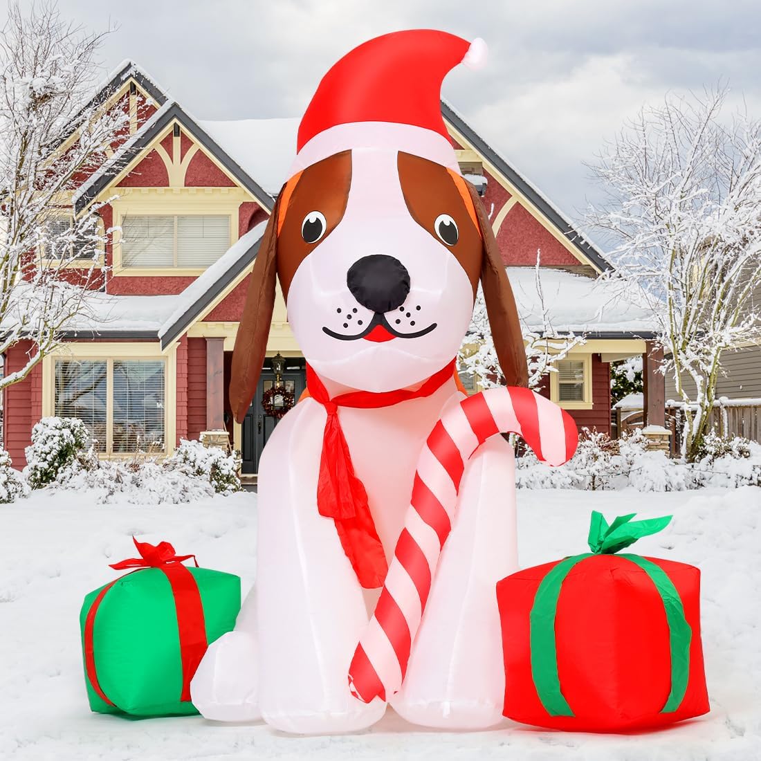GOOSH 5 FT Christmas Inflatables Dog Outdoor Decorations Blow Up Beagle Dogs with Gift Box with Built-in LEDs for Xmas Party Indoor Garden Lawn Decor