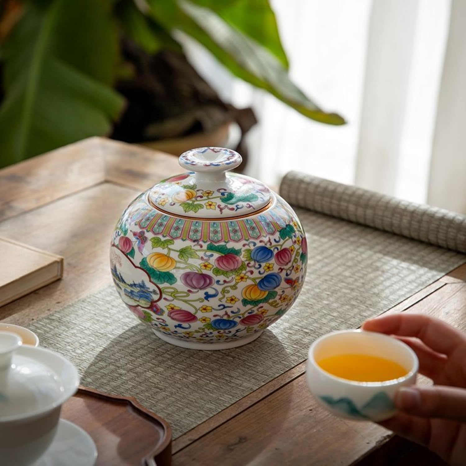 Enamel Colors Ceramics Tea Canister, 1000ml 33.8oz, Sealed Jar Chinese Style Household Ceramic Ornaments