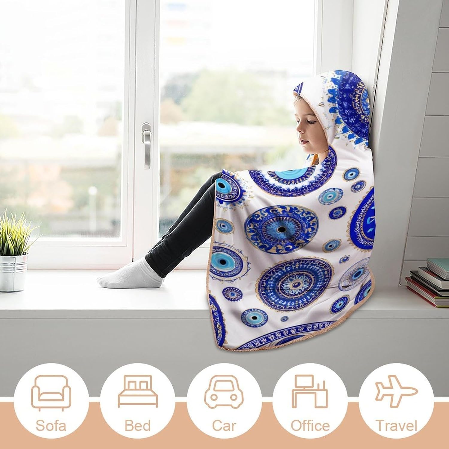 Blue Greek Evil Eyes Wearable Blanket Oversized Throw Cape | Cozy Hooded Blanket Gifts for Women Men