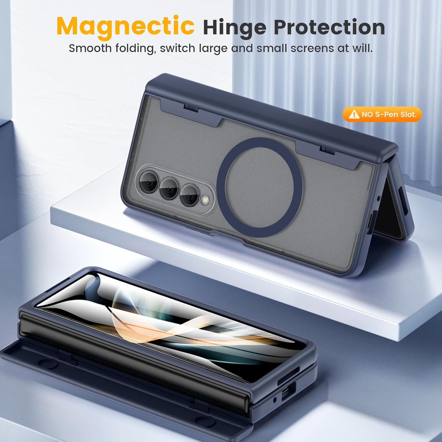 Caka for Samsung Galaxy Z Fold 4 Case [Compatible with Magsafe] [Hinge Protection] [Built-in HD Screen Protector] Translucent Hard Shockproof Magnet Phone Cover for Fold4 - Blue