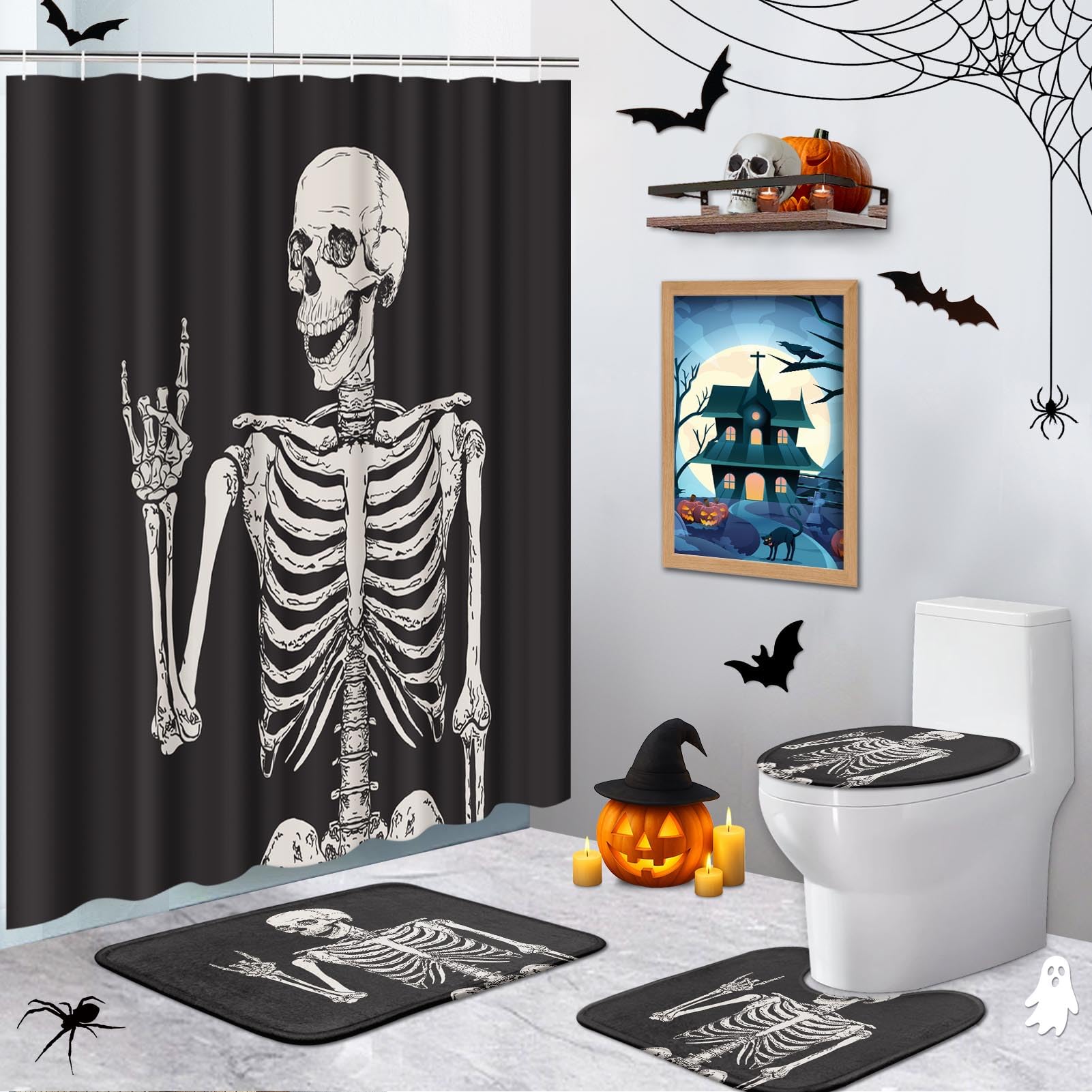 Juego de baño de esqueleto con cortina de ducha y alfombras, accesorios de calavera de roca de terror, retro, negro, cortina de ducha creativa para decoración de baño, 4 piezas 2
