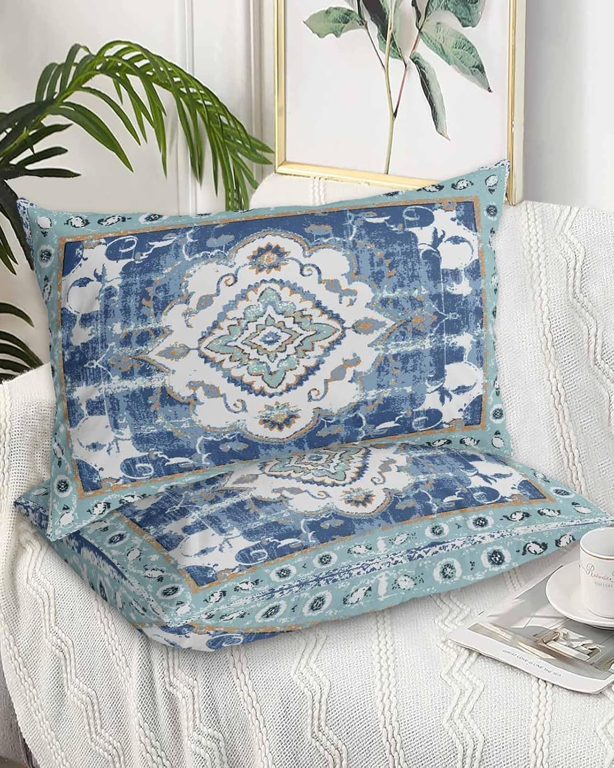 DecorLovee Blue Boho Pillow Cases Standard Size Set of 2 - Microfiber Bed Throw Pillow Covers, Southwestern Vintage Geometric Art Decorative Lumbar Pillow Cover with Envelope Closure for Sofa 20"x26"