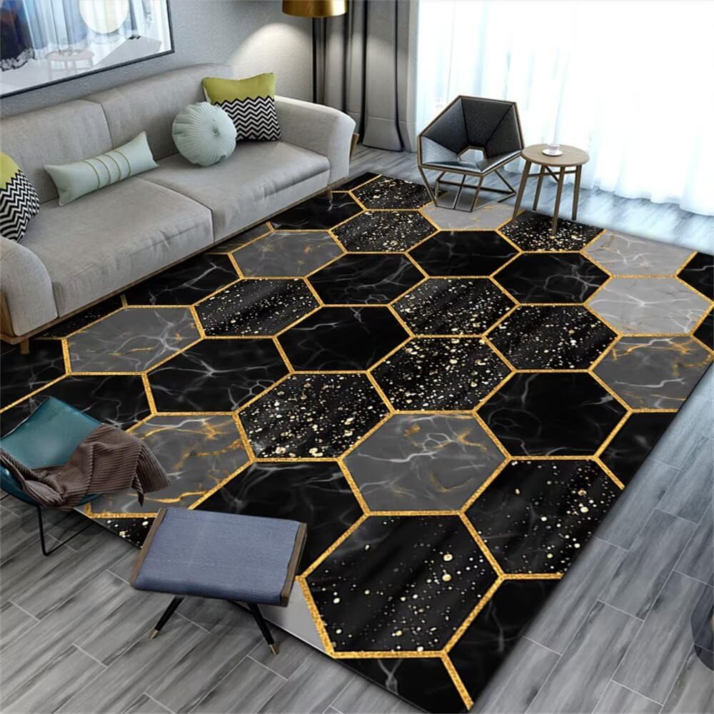 Tapis pas cher lavable grand format noir 200x280 fleur salon