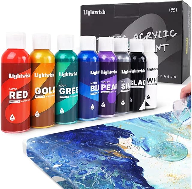 LIGHTWISH Metallic Acrylic Pouring Paint, 8 Iridescent Colors,4fl oz/118ml Bottles, Pre-Mixed High Flow Acrylic Paint Supplies for Canvas Wood Stones DIY