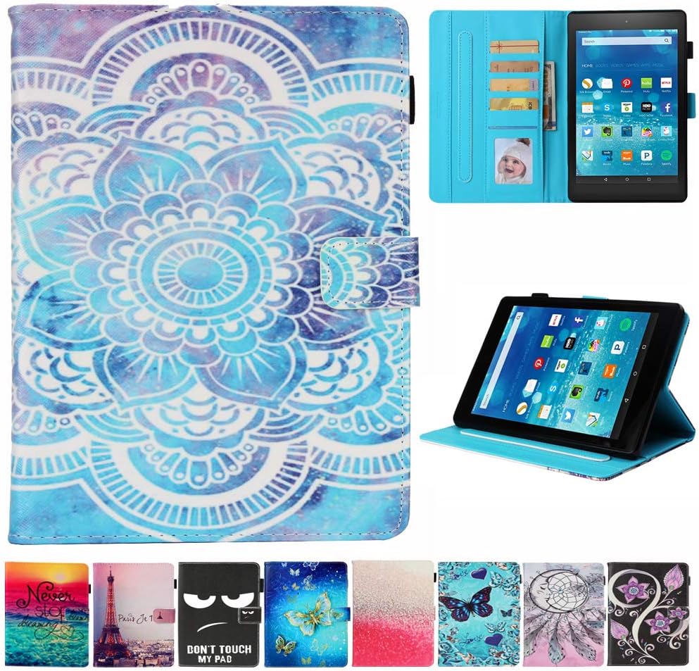 Kindle Fire HD 8 Case - JZCreater Folio PU Leather Smart Case Cover with Auto Wake/Sleep for All-New Fire HD 8 Tablet (8inch 2018 2017 and 2016 Release, 8th/ 7th / 6th Generation), Mandala