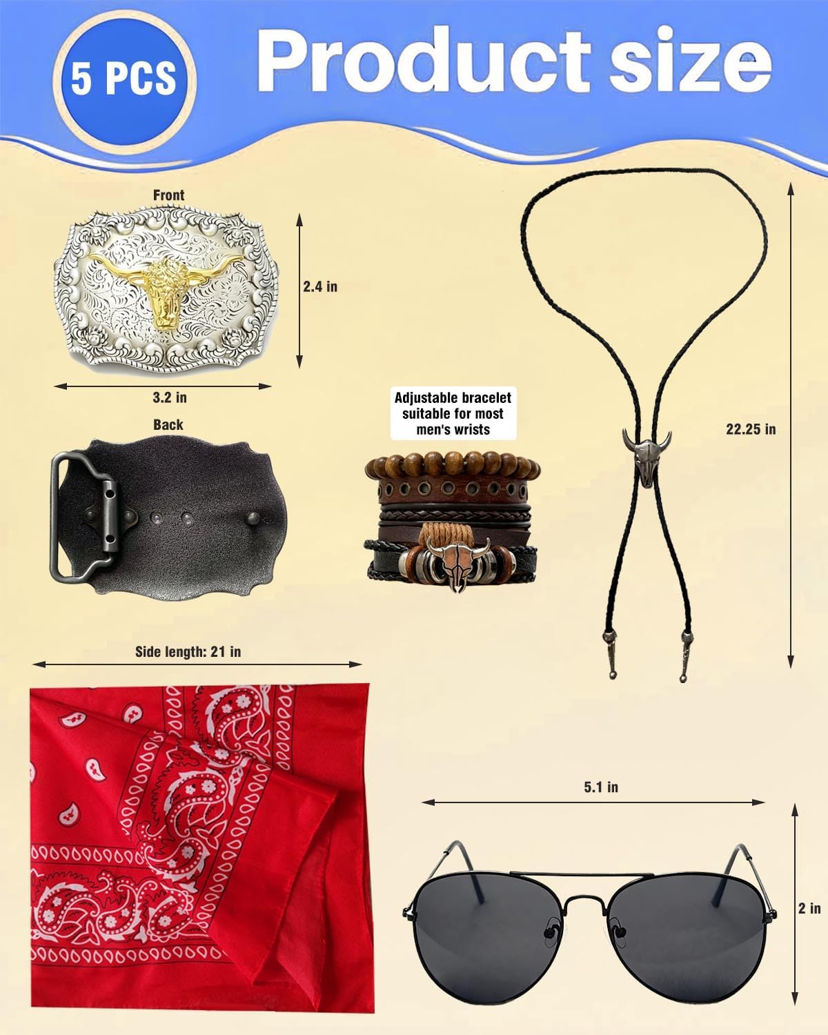 Cowboy Costume Men Adult - Western Cowboy Outfit with Tassel Vest, Buckle, & Bandana for Halloween Party, Rodeo - Image 3