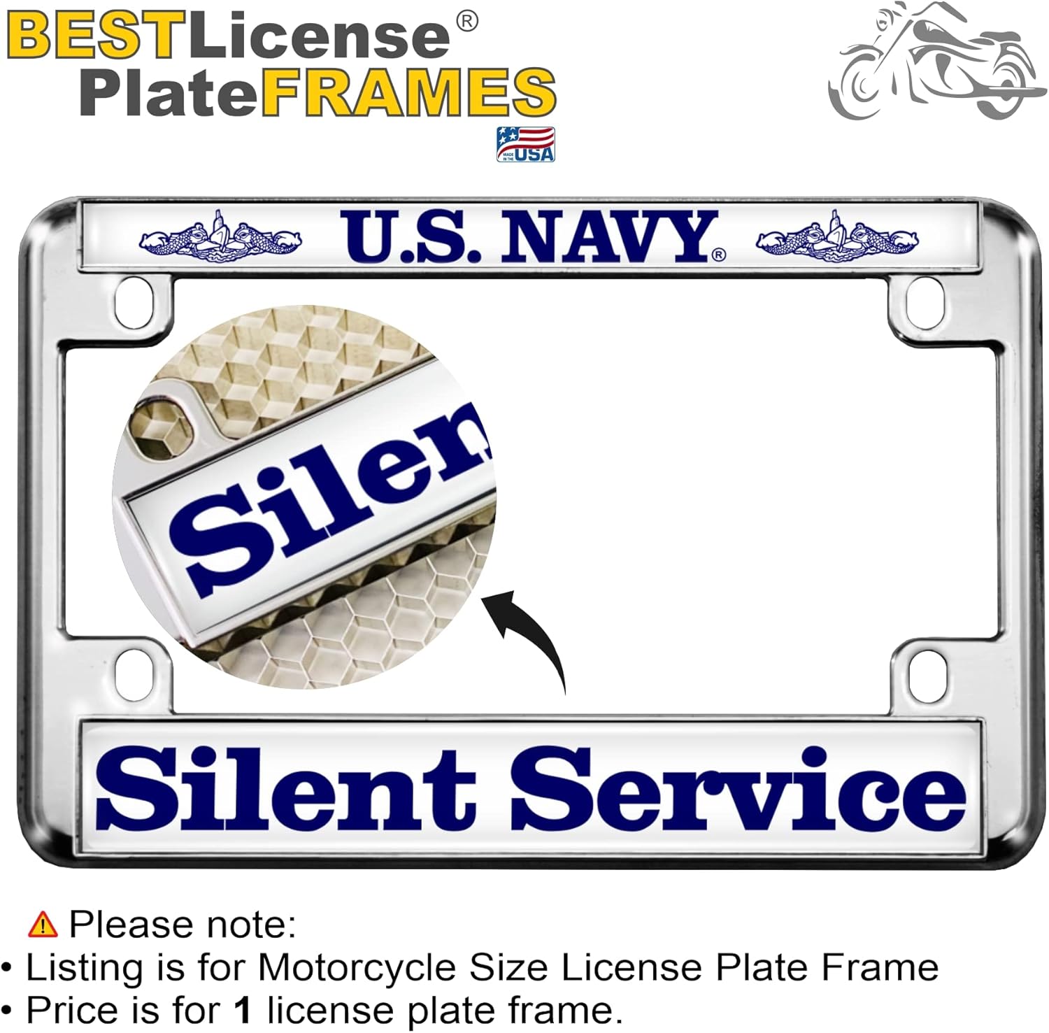 [Officially Licensed Product] - Motorcycle Metal License Plate Frame with U.S. Navy Silent Service Design - Chrome