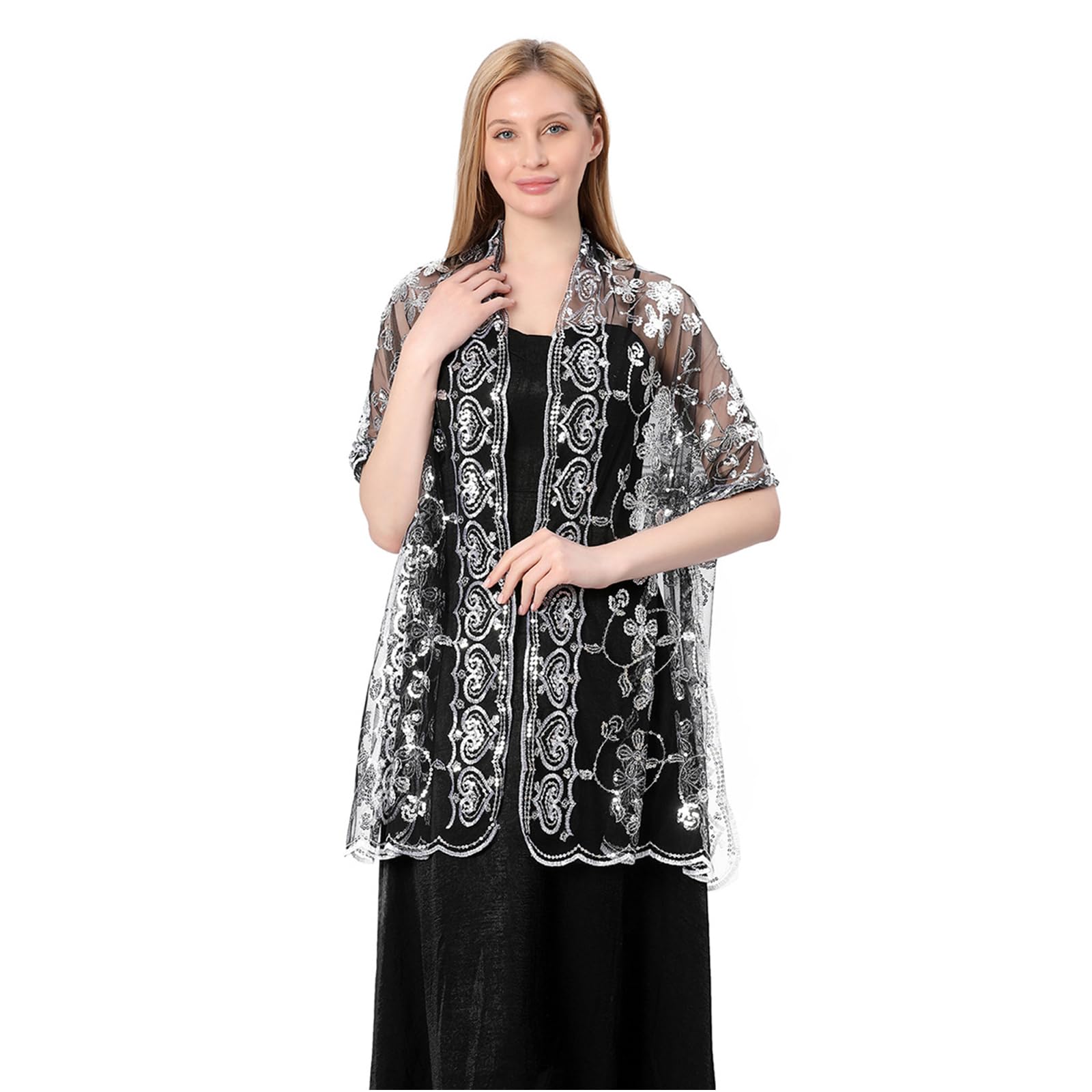 Muiltvoe Sparkling Sequined Shoulder Wrap for Bride Wedding Gowns Party Dress 1920s Shawl for Formal Occasion Photoshoots Embroidery Flower Shawl
