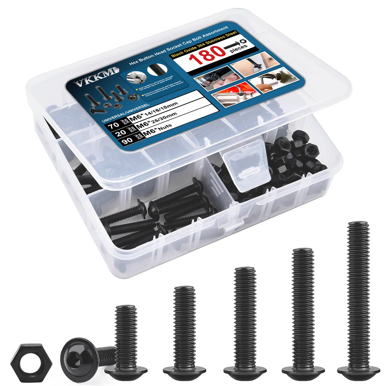 VKKM 180 pcs M6 Hex Button Head Socket Cap Flange Bolt Assortment Kit/Screws & Nuts Set/Black Oxide, M6 x 14/16/18/25/30mm, Reusable Storage Case with