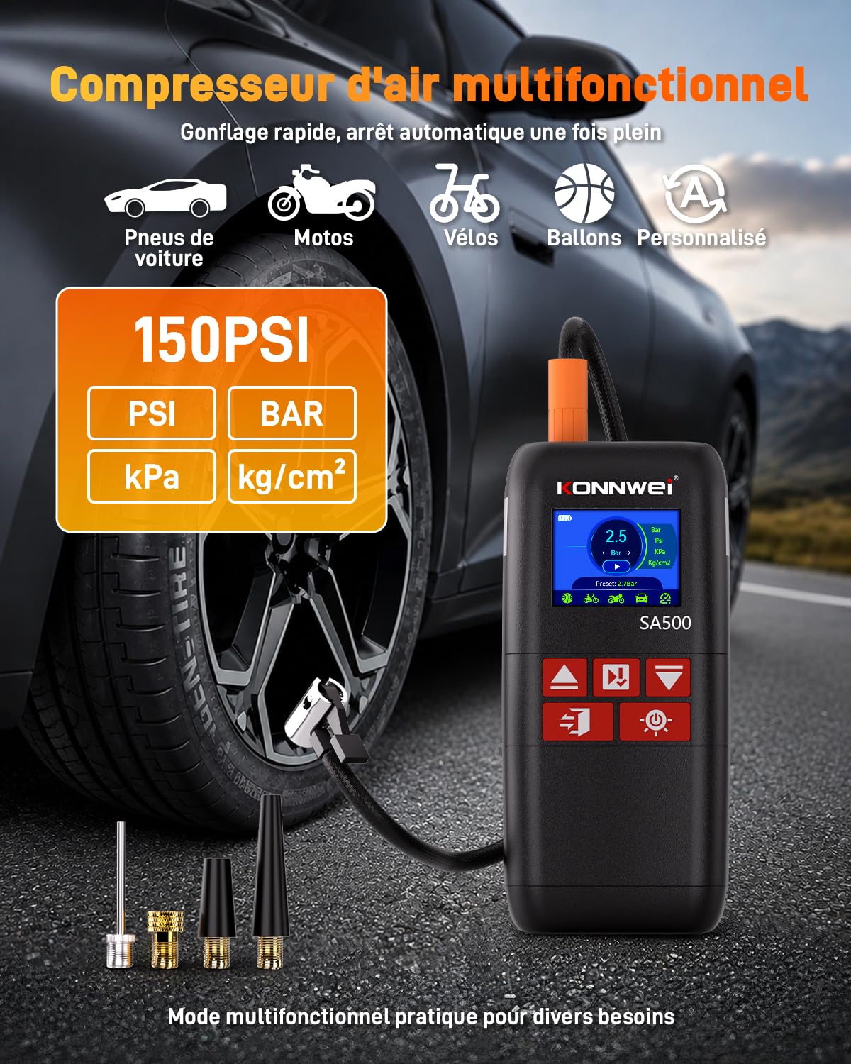KONNWEI SA500 Booster Batterie Voiture avec Gonfleur, 4-en-1 Démarreur Batterie Voiture, Gonfleur Pneus Voiture 150 PSI avec Compresseur à Air Portatif, pour Essence 8L et Diesel 6L, LED SOS