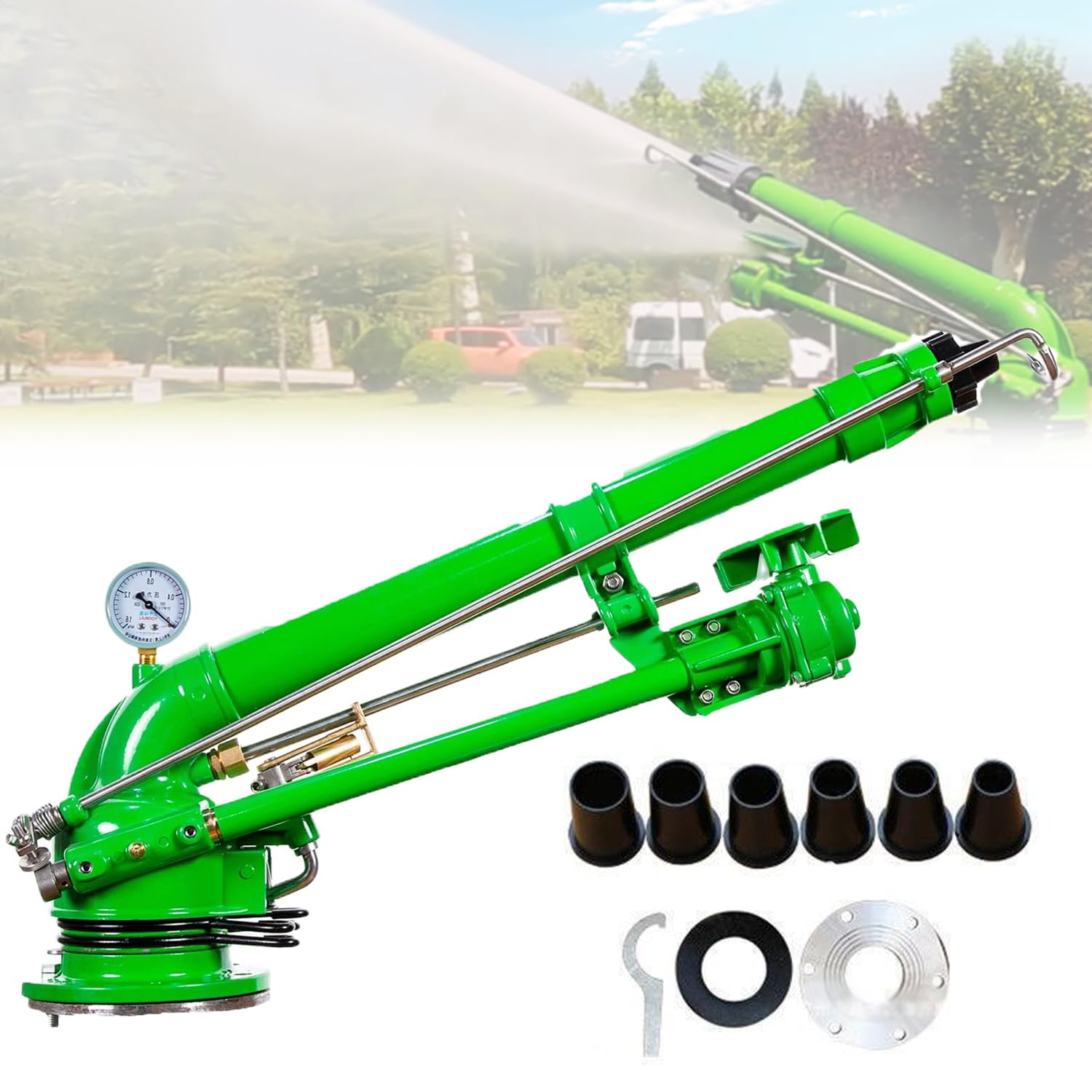 Impulse Garden Sprinkler, 2" Big Rain Gun Sprinkler, with Pressure Gauge, 360° Large-Area Watering Spray, with Replacement Nozzle, for Agriculture Lawn
