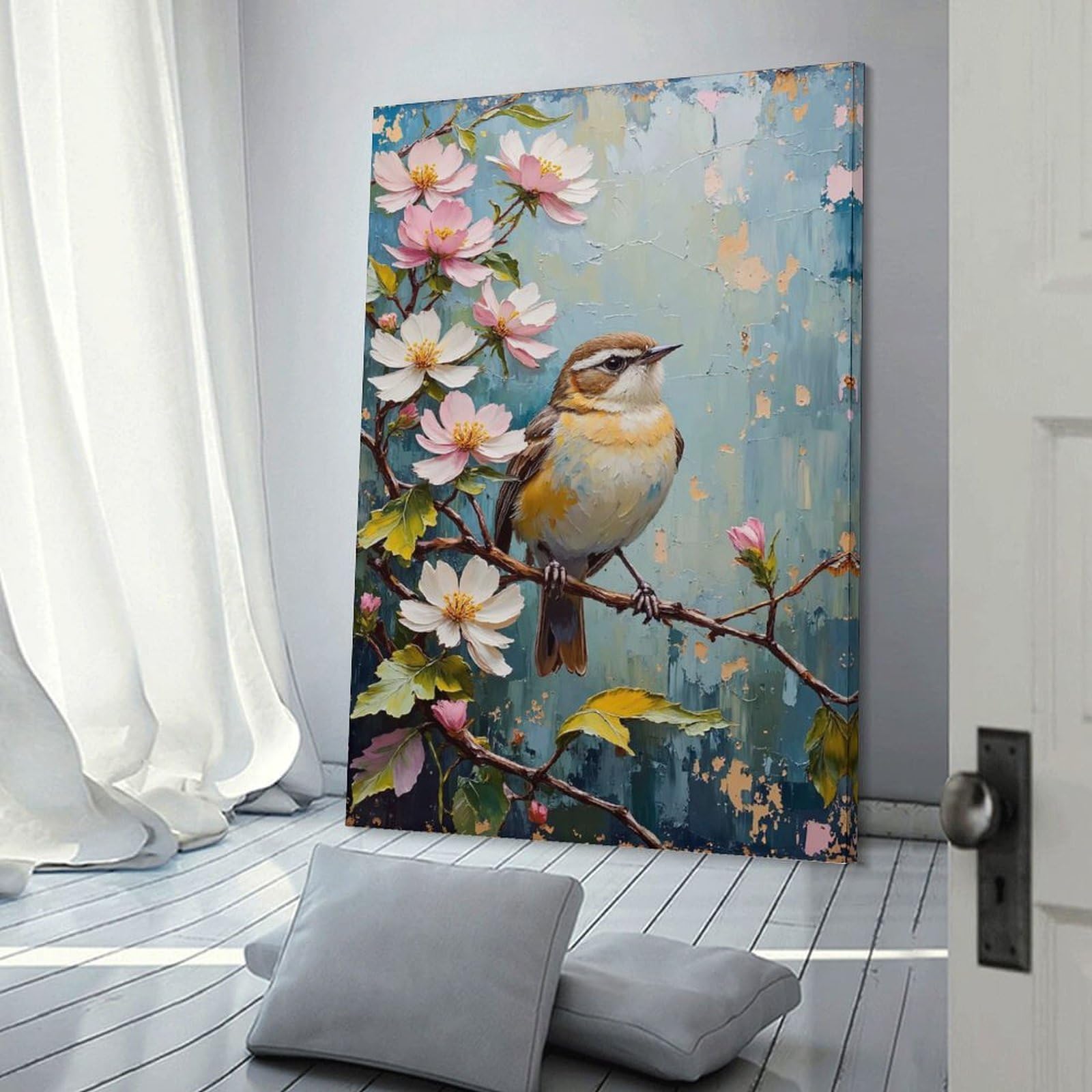 Junmoney Room Decor Wall Art Bird on Branch with Blossoms Painting, 20x30inch(50x75cm), for Hallway, Bedroom Or Modern Interiors, Gift Idea for Housewarming And Birthdays