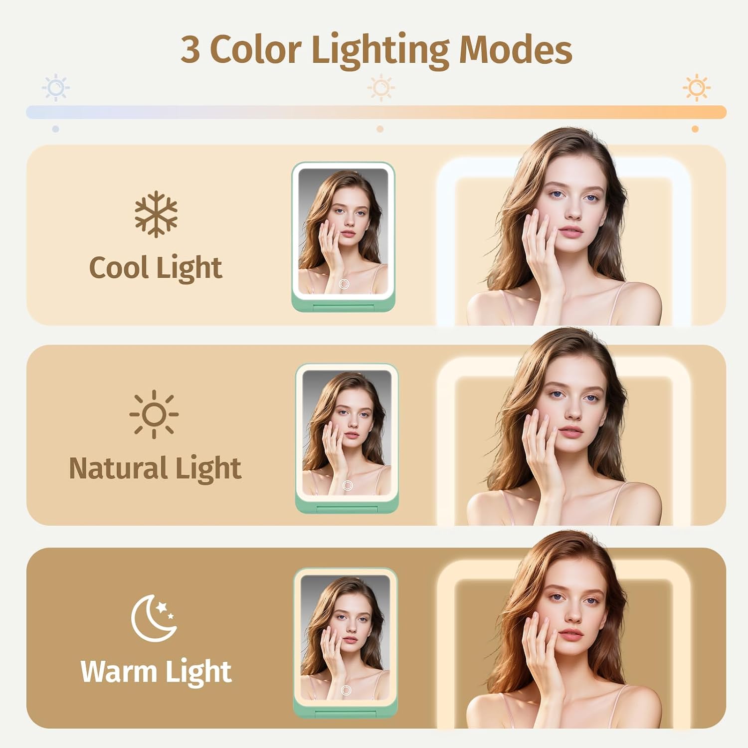 INFOOD Travel Makeup Mirror - Rechargeable LED Vanity Mirror 7.8x5 Inches with 1X/3X Magnifying, 3 Color Dimmable Light, Touch Screen, Foldable Design with Stand, Portable for Travel, Mint Green