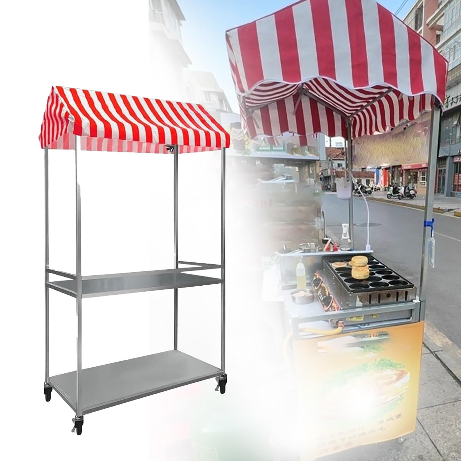 DFGHNBVC Folding Vendor Stall Cart With 2-Tier Storage Display Stand And Lockable Wheels, Ideal For Hot Dog And Ice Cream Business,Red-Length 100Cm (39 3/8