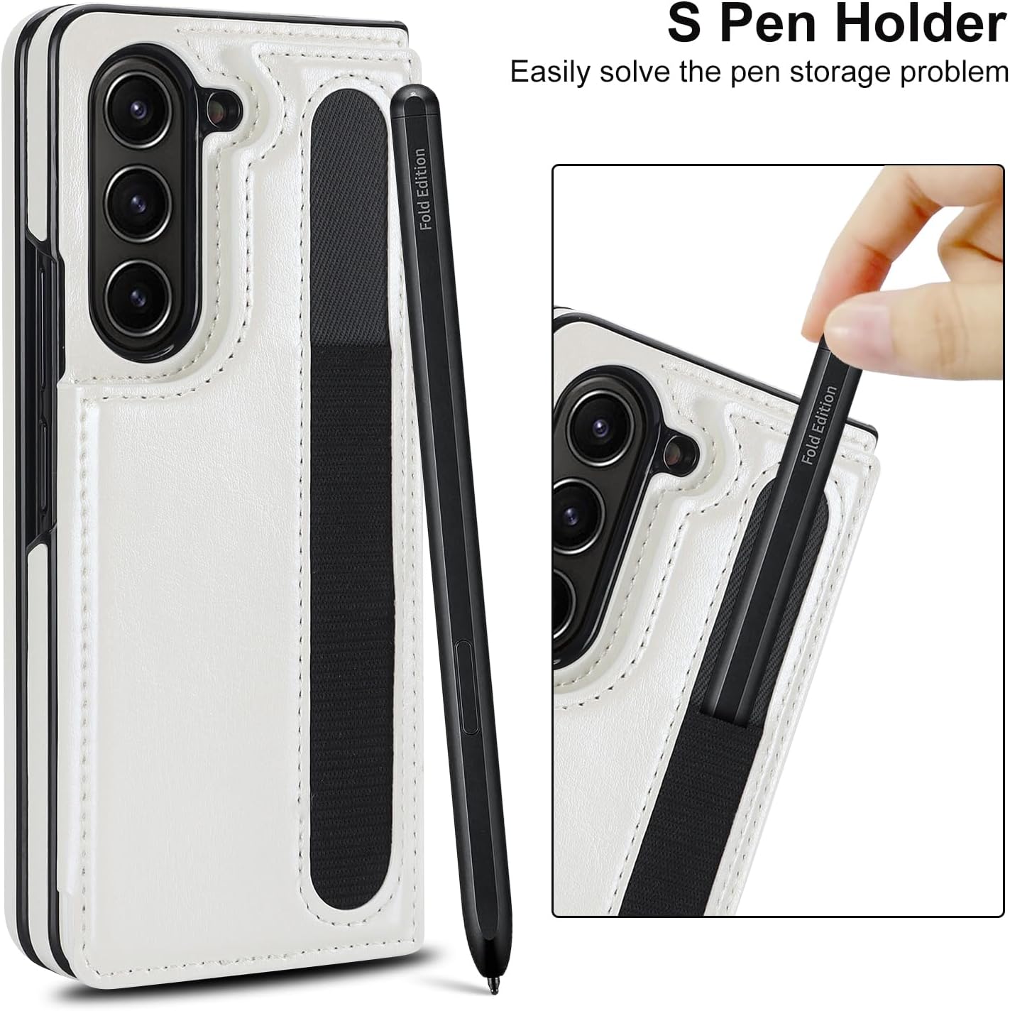 for Samsung Galaxy Z Fold 5 Wallet Case with Credit Card Holder and S-Pen Holder,Fold Premium Leather Magnetic Clasp Kickstand Heavy Duty Protective Cover.(White)