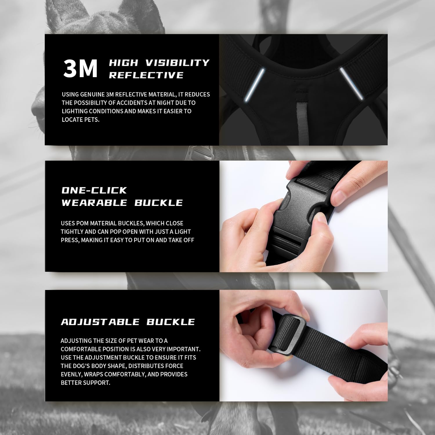 Arnés ajustable para perro con asa, acolchado cómodo, para perros pequeños, medianos y grandes (color negro, talla S)