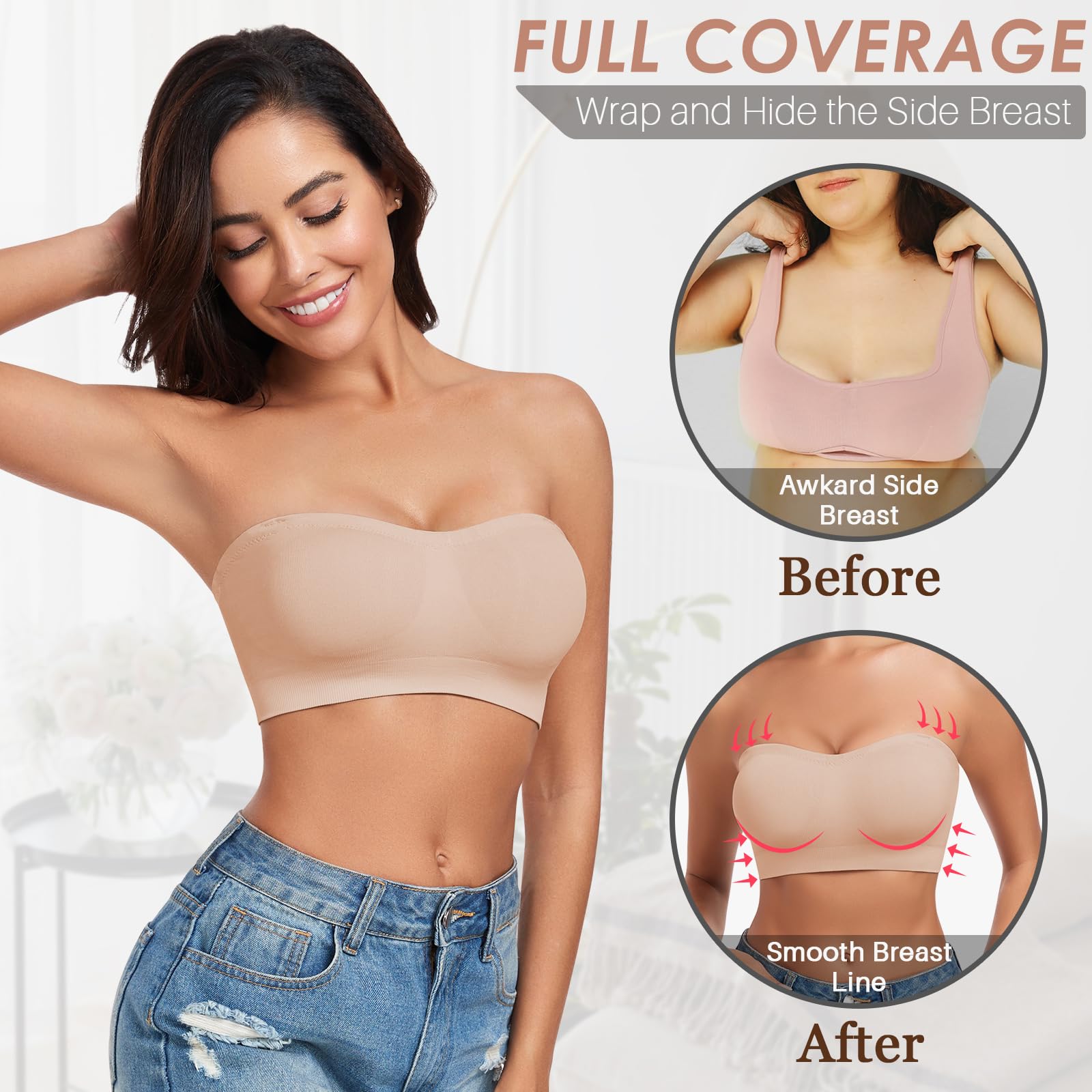 WOWENY Reggiseno a Fascia da Donna Senza Spalline Senza Ferretto, Bralette Imbottita Senza Cuciture con Spalline Trasparenti