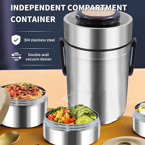 Miniatura 6 de Termo de 67 onzas para comida caliente, termo apilable de 3 capas sellado, con bolsa de almuerzo, termo de sopa, boca ancha, es adecuado para