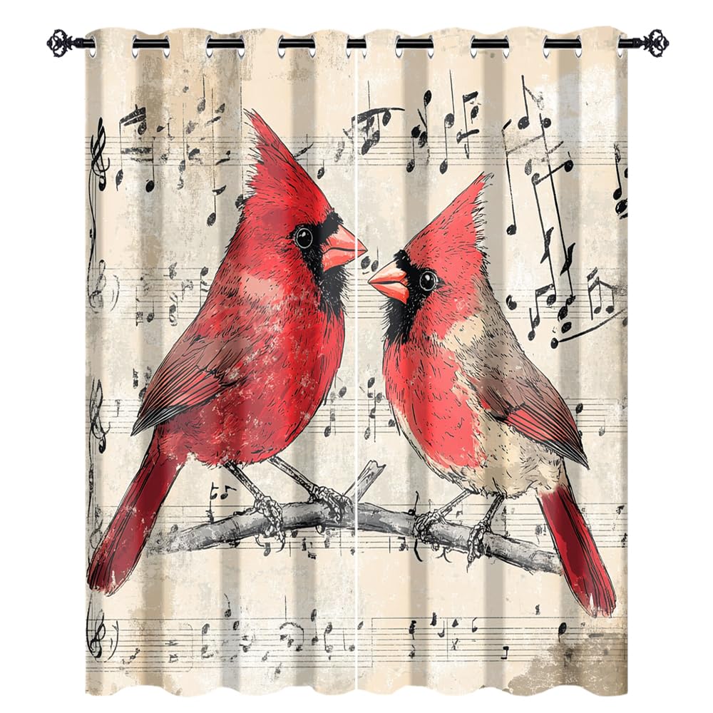 INSFBRB Country Red Curtains for Living Room Bedroom,Rustic Music Note Wildlife Red Bird Thermal Insulation Curtains Window Grommet Treatments 54" L x