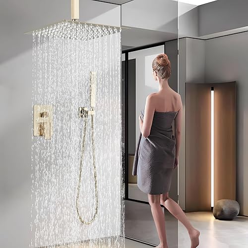 Miniatura 3 de Juego de grifo de ducha con sistema de ducha de lluvia de 10 pulgadas y rociador de mano, accesorios de ducha de baño dorado cepillado con válvula