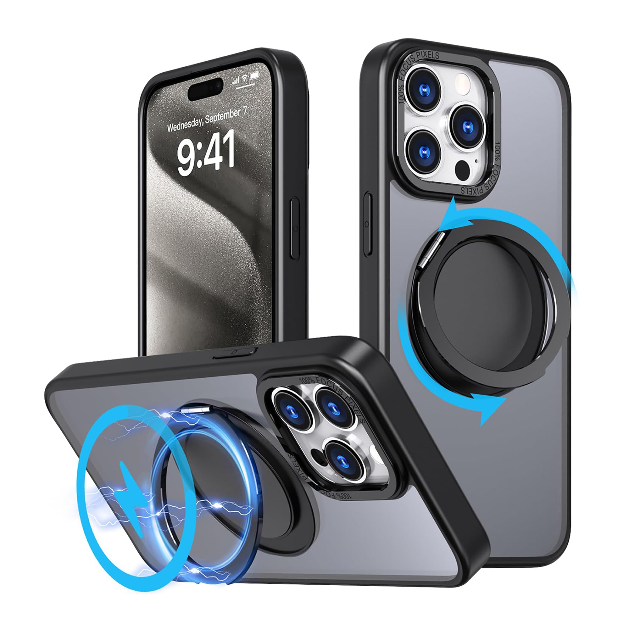MXX Case Made for iPhone 15 Pro Max,360°Ring Stand Magnetic, Anti-Fingerprint, Military Drop Protection, Compatible with Mag-Safe and Soft Edge