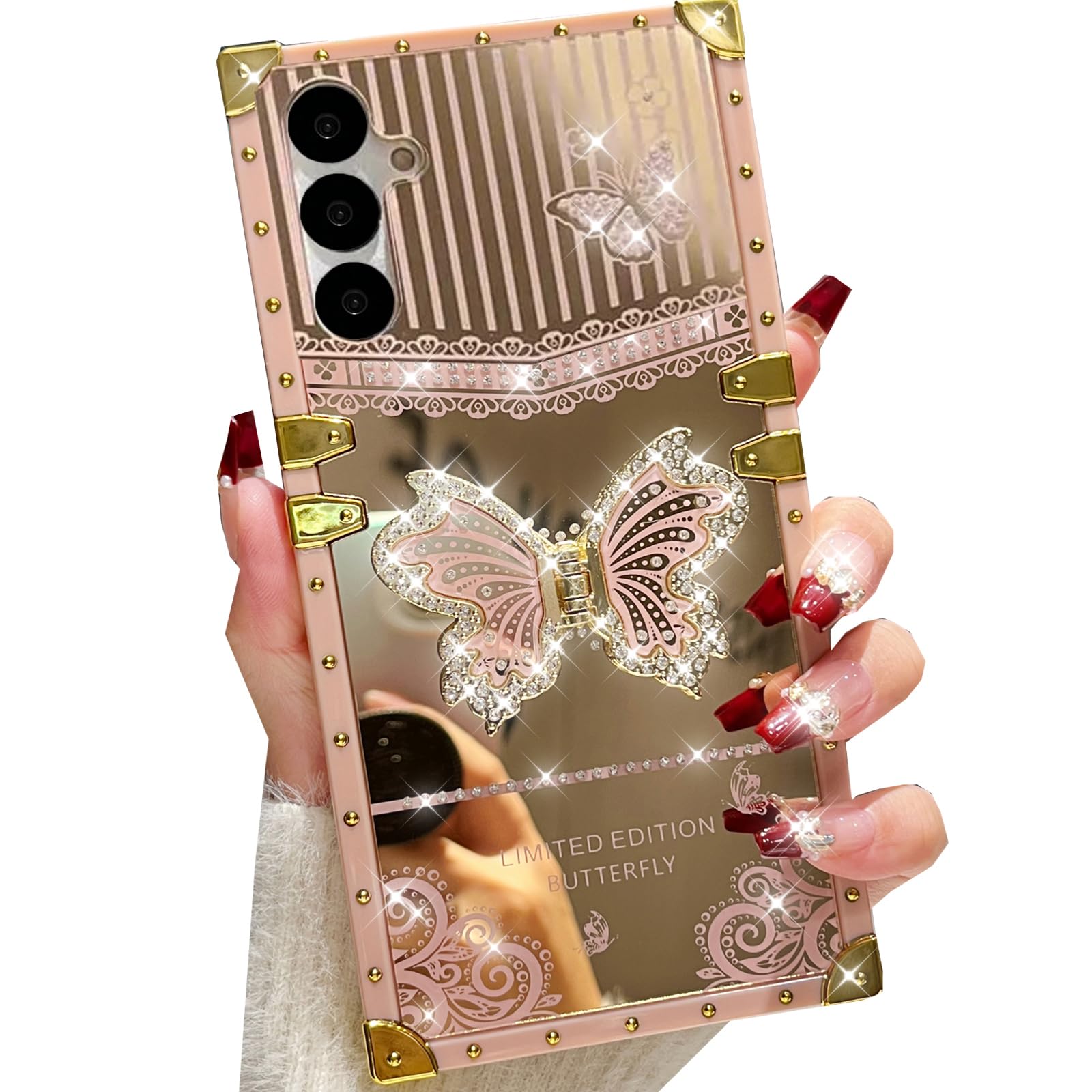 Changjia for Samsung Galaxy S25 Plus Glitter Kickstand Case, Cute Luxury Bling Sparkly Butterfly with Foldable Stand Elegant Mirror Shockproof