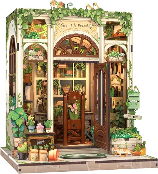 Cutefun Book Nook Kit - Maison de Poupée Miniature à Assembler | Puzzle 3D en Bois avec Éclairage LED pour Bibliothèque | Activité Créative pour Adolescents et Adultes (Green Life Bookshop) - 1
