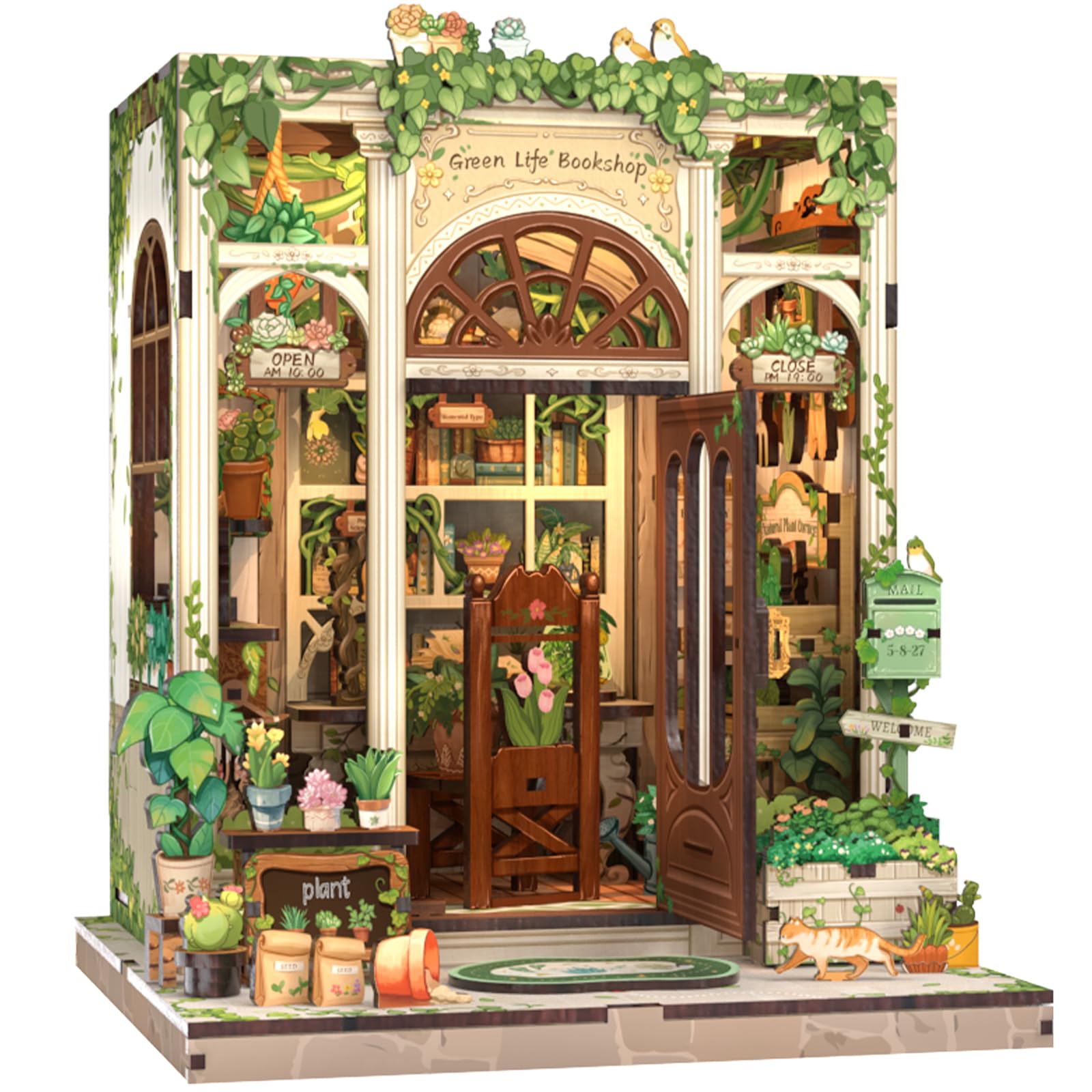 Cutefun Book Nook Kit - Kit Casa delle Bambole in Miniatura diy, Puzzle 3D in Legno per Scaffali con Luci LED Decorativo per Adolescenti e Adulti (Green Life Bookshop)